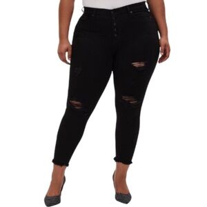 Torrid jeans sky high skinny black button fly distressed women’s size 16 short